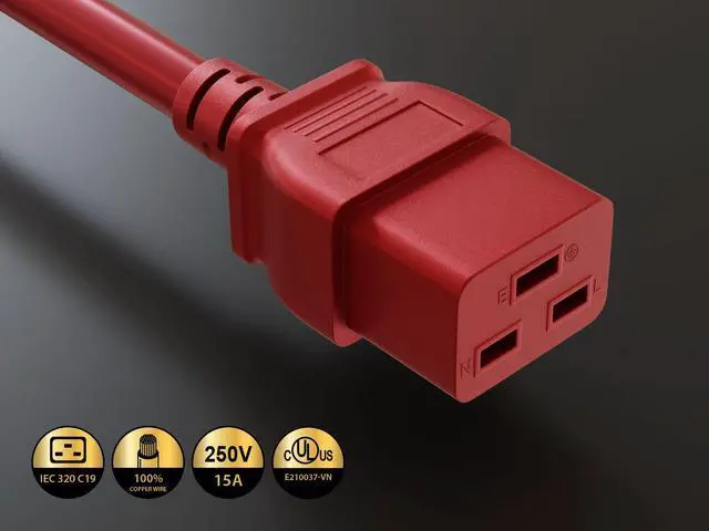 Alt view image 3 of 5 - CableLeader 2ft 14 AWG 15A 250V Power Cord IEC320 C14 to IEC320 C19 UL Listed, Red