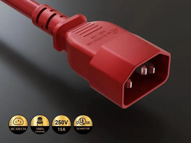 Alt view image 2 of 5 - CableLeader 2ft 14 AWG 15A 250V Power Cord IEC320 C14 to IEC320 C19 UL Listed, Red