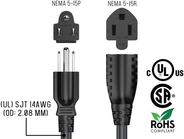 Alt view image 5 of 7 - CableLeader 1ft NEMA 5-15P to 5-15R Heavy Duty Power Extension Cord, 14AWG SJT 15A/125V, Outlet Extension Power Cable, NEMA 5-15R to NEMA 5-15P AC Power Cord, UL Listed, Black
