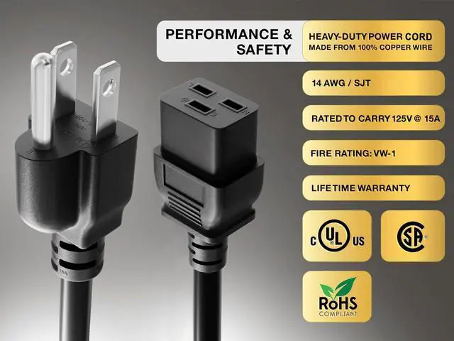 Alt view image 5 of 6 - cable leader 14 awg 15a 125v power cord (nema 5-15p to iec320 c19) ul listed (15 foot (1 pack))
