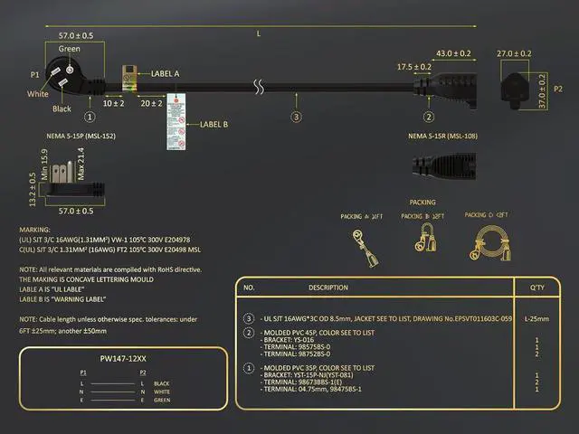 Alt view image 6 of 7 - CableLeader 6ft Ultra Low Profile Power Extension Cord Cable NEMA 5-15P to NEMA 5-15R, UL Listed