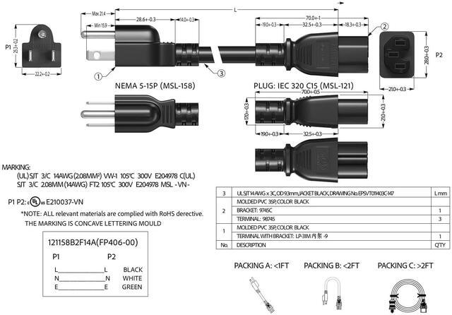 Alt view image 5 of 5 - CableLeader 8ft 14 AWG 15A 125V Power Cord Cable NEMA 5-15P to IEC320 C15, UL Listed