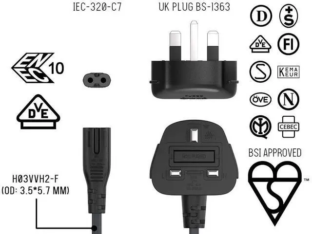 Alt view image 7 of 7 - cable leader 6ft 18 awg england / uk notebook power cord, non-polarized, with fuse (iec-320-c7 to uk plug bs1363-1/a)
