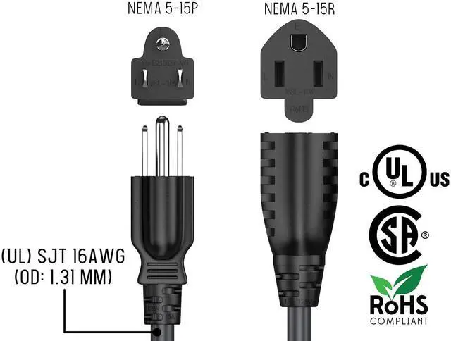 Alt view image 5 of 7 - CableLeader 6ft Extension Power Cord NEMA 5-15P to NEMA 5-15R 3 Prong Power Cable AC Power Cord, UL Listed, 16AWG, Black