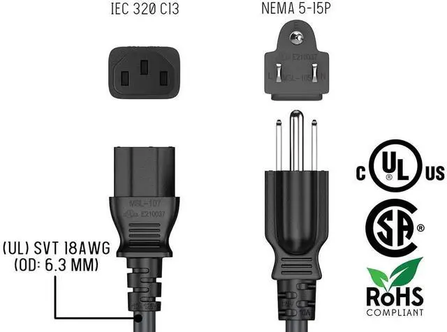 Alt view image 7 of 8 - cable leader shielded 6 ft 18 awg power cord nema 5-15p to iec320 c13 for computer, tv