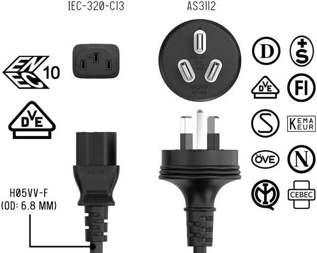 Alt view image 7 of 7 - cable leader 6ft 18 awg australia power cord (iec-320-c13 to as3112)