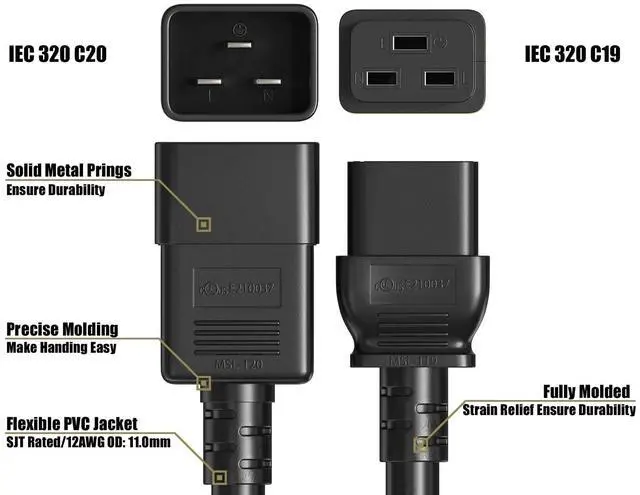Alt view image 4 of 7 - CableLeader 2ft 12 AWG Heavy Duty Power Cord IEC320 C20 to IEC320 C19, 20A 250V, Extension Cable for PDUs, UPS Systems & Servers, Black