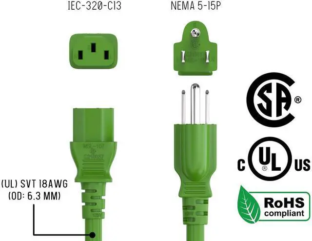 Alt view image 6 of 7 - CableLeader 10ft 18 AWG Universal Power Cord IEC320 C13 to NEMA 5-15P, Extension Power Cord, Compatible with Computers, Monitors, Printers & TVs, Green