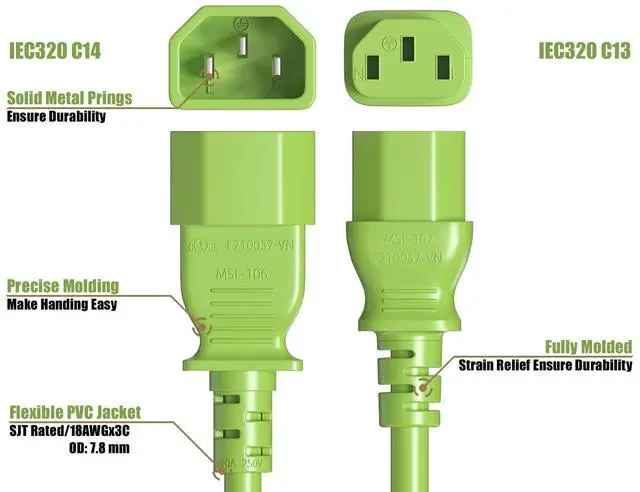 Alt view image 4 of 7 - CableLeader 3ft IEC-320 C13 to C14 Heavy-Duty Power Extension Cord 18 AWG 10A/250V SJT, Computer to PDU CPU Power Extension Cable, PC Power Cable, UL Listed, Green