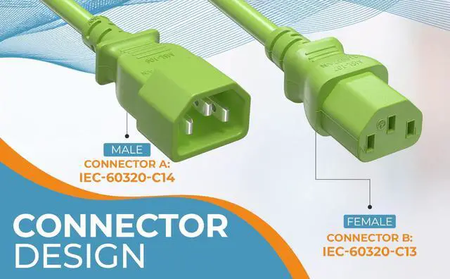Alt view image 5 of 7 - CableLeader 3ft IEC-320 C13 to C14 Heavy-Duty Power Extension Cord 18 AWG 10A/250V SJT, Computer to PDU CPU Power Extension Cable, PC Power Cable, UL Listed, Green