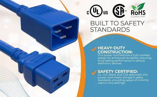 Alt view image 6 of 7 - CableLeader 3ft 12 AWG Heavy Duty Power Cord IEC320 C20 to IEC320 C19, 20A 250V, Extension Cable for PDUs, UPS Systems & Servers, Blue