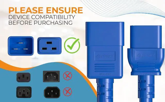 Alt view image 7 of 7 - CableLeader 3ft 12 AWG Heavy Duty Power Cord IEC320 C20 to IEC320 C19, 20A 250V, Extension Cable for PDUs, UPS Systems & Servers, Blue