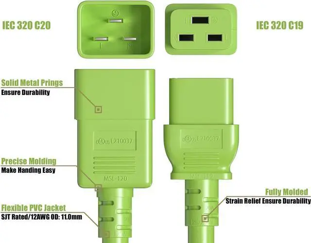 Alt view image 4 of 7 - CableLeader 3ft 12 AWG Heavy Duty Power Cord IEC320 C20 to IEC320 C19, 20A 250V, Extension Cable for PDUs, UPS Systems & Servers, Green