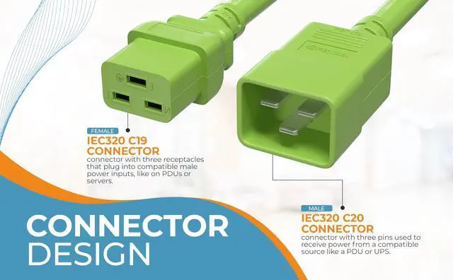 Alt view image 5 of 7 - CableLeader 3ft 12 AWG Heavy Duty Power Cord IEC320 C20 to IEC320 C19, 20A 250V, Extension Cable for PDUs, UPS Systems & Servers, Green