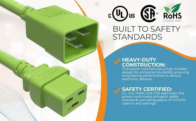 Alt view image 6 of 7 - CableLeader 3ft 12 AWG Heavy Duty Power Cord IEC320 C20 to IEC320 C19, 20A 250V, Extension Cable for PDUs, UPS Systems & Servers, Green