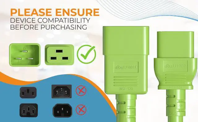 Alt view image 7 of 7 - CableLeader 3ft 12 AWG Heavy Duty Power Cord IEC320 C20 to IEC320 C19, 20A 250V, Extension Cable for PDUs, UPS Systems & Servers, Green