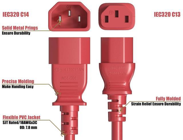 Alt view image 4 of 7 - CableLeader 6ft IEC-320 C13 to C14 Heavy-Duty Power Extension Cord 18 AWG 10A/250V SJT, Computer to PDU CPU Power Extension Cable, PC Power Cable, UL Listed, Red
