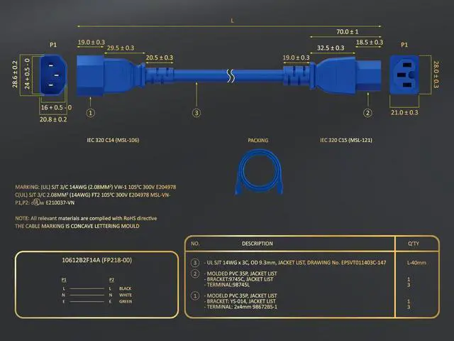 Alt view image 6 of 6 - cable leader 14 awg 15a 250v power cord (iec320 c14 to iec320 c15), color ul listed (6 foot (1 pack), blue)