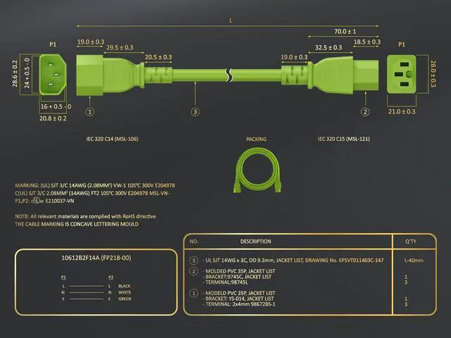 Alt view image 5 of 5 - CableLeader 6ft IEC-60320 C14 to C15 PDU Server Power Cord 14AWG 15A/250V SJT, Green