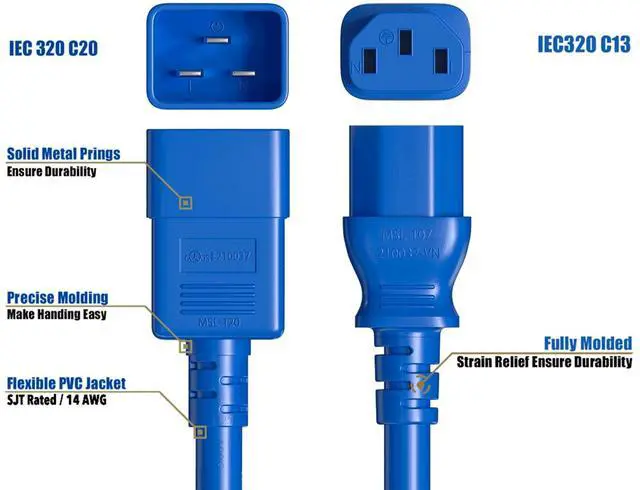 Alt view image 4 of 7 - CableLeader 6ft IEC320 C20 to C13 Power Cord, 14AWG, 15A/250V, SJT, Power Extension Cord for PDUs, UPS Systems, Servers, Computer, Monitor & More, UL Listed, Blue