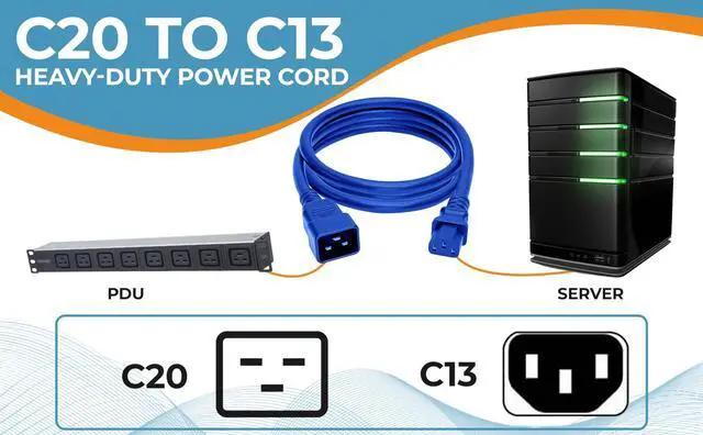 Alt view image 5 of 7 - CableLeader 6ft IEC320 C20 to C13 Power Cord, 14AWG, 15A/250V, SJT, Power Extension Cord for PDUs, UPS Systems, Servers, Computer, Monitor & More, UL Listed, Blue