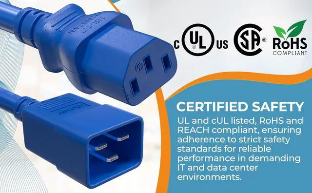 Alt view image 7 of 7 - CableLeader 6ft IEC320 C20 to C13 Power Cord, 14AWG, 15A/250V, SJT, Power Extension Cord for PDUs, UPS Systems, Servers, Computer, Monitor & More, UL Listed, Blue