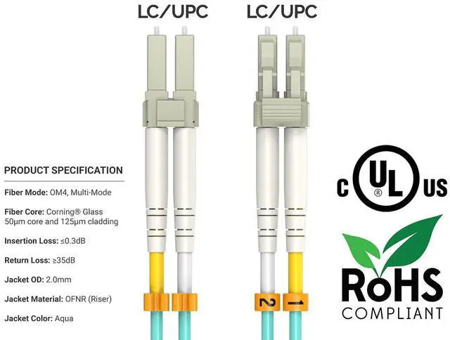 Alt view image 4 of 5 - Cable Leader 6m(20ft) OM4 LC to LC Fiber Optic Patch Cable, Multimode Duplex 50/125, Corning, 10G/40G/100G, LSZH, Aqua
