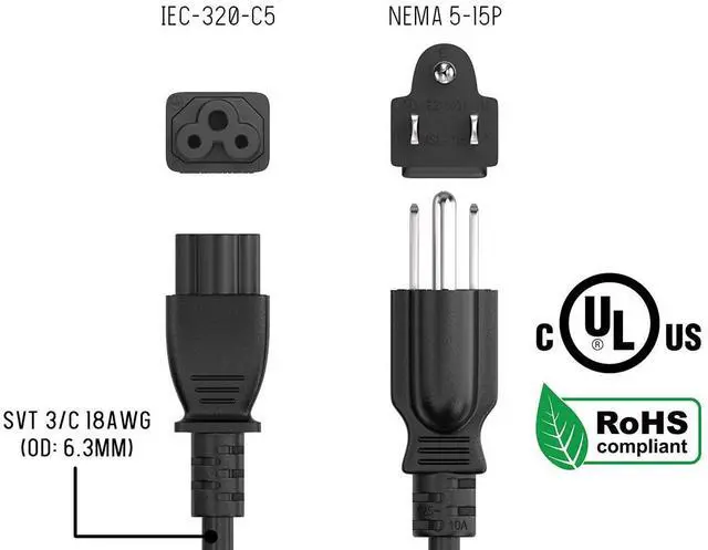 Alt view image 6 of 6 - Cable Leader 1ft NEMA 5-15P 3-Prong to IEC C5 Notebook Power Cord, 18 AWG, Black - Cloverleaf AC Cord for Laptop, Printer & Electronics, UL Listed