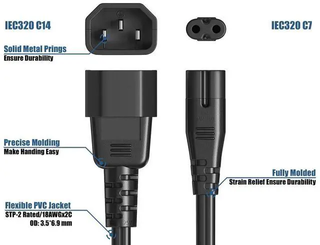 Alt view image 5 of 6 - Cable Leader 6ft IEC C14 to IEC C7 Notebook Power Cord, 18 AWG, Black - Figure-8 AC Cord for Laptop, Printer & Electronics