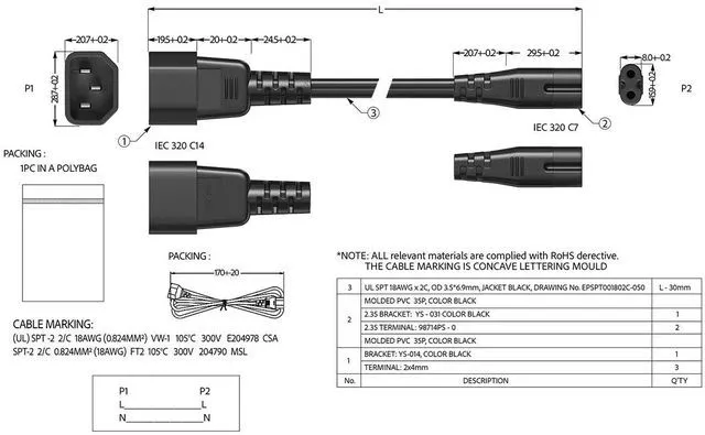 Alt view image 6 of 6 - Cable Leader 6ft IEC C14 to IEC C7 Notebook Power Cord, 18 AWG, Black - Figure-8 AC Cord for Laptop, Printer & Electronics