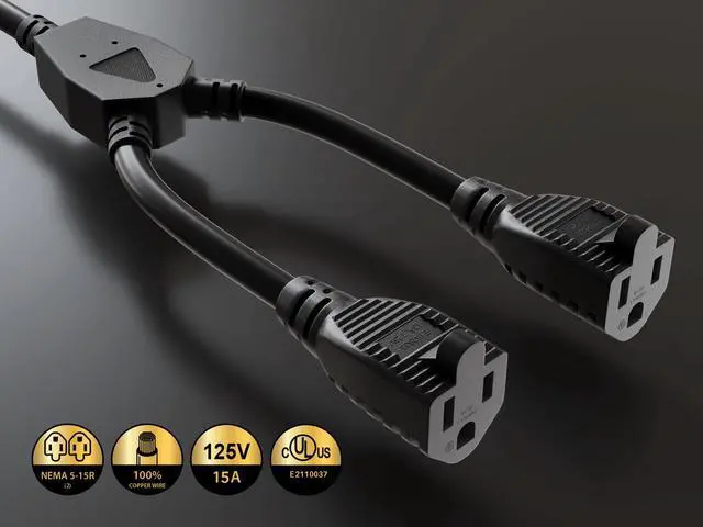 Alt view image 2 of 7 - Cable Leader 36in NEMA 5-15P Low Profile Angled to 2x 5-15R Power Splitter Cord, 14 AWG SJT 15A/125V, Black - 1 to 2 Y Splitter for Outlets, PC & Equipment, UL Listed