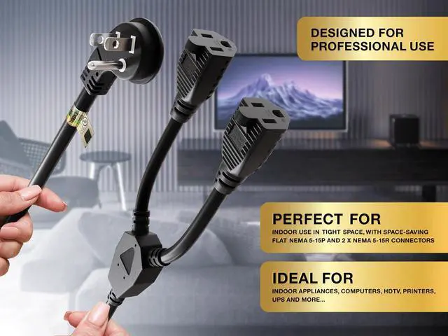 Alt view image 4 of 7 - Cable Leader 36in NEMA 5-15P Low Profile Angled to 2x 5-15R Power Splitter Cord, 14 AWG SJT 15A/125V, Black - 1 to 2 Y Splitter for Outlets, PC & Equipment, UL Listed