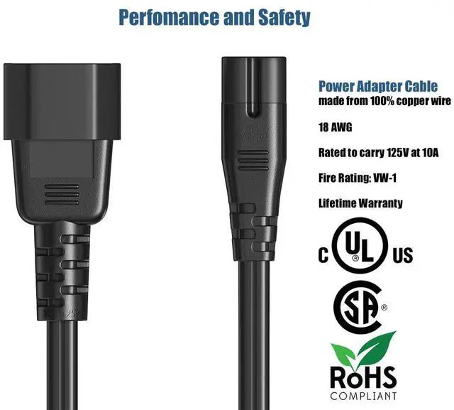 Alt view image 4 of 6 - Cable Leader 6ft IEC C14 to IEC C7 Notebook Power Cord, 18 AWG, Black - Figure-8 AC Cord for Laptop, Printer & Electronics