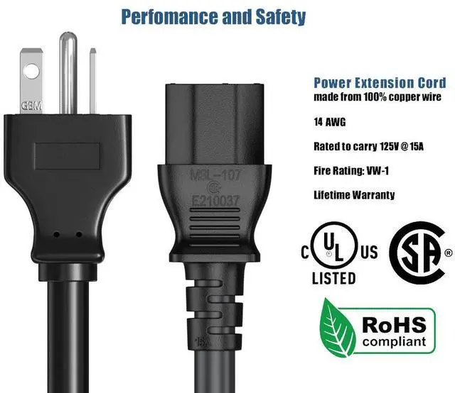 Alt view image 4 of 5 - Cable Leader 3ft NEMA 5-20P to C13 Heavy Duty Power Cord, 14 AWG SJT 15A/125V, Black - PC, Monitor & Computer AC Power Cord, UL Listed