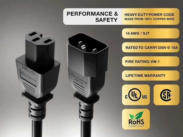 Alt view image 4 of 6 - Cable Leader 4ft IEC C14 to C15 Heavy Duty PDU Power Cord, 14 AWG SJT 15A/250V, Black - Server Rack Jumper Cable for Network Switches & Hot Equipment, IEC Jumper, UL Listed