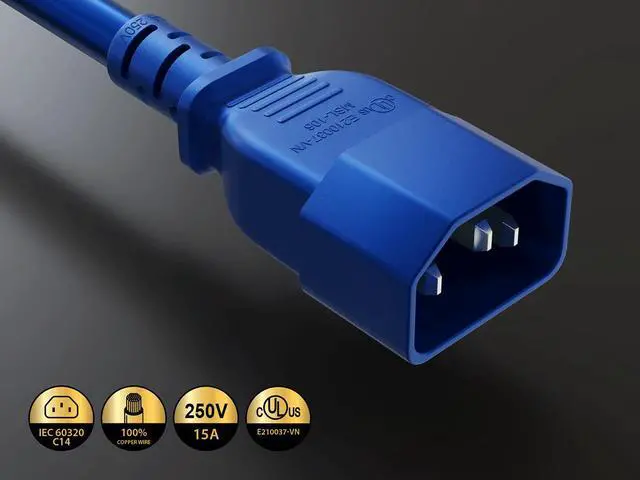 Alt view image 2 of 6 - Cable Leader 5ft IEC C14 to C15 Heavy Duty PDU Power Cord, 14 AWG SJT 15A/250V, Blue - Server Rack Jumper Cable for Network Switches & Hot Equipment, IEC Jumper, UL Listed
