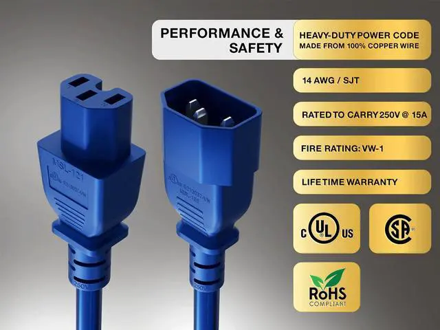 Alt view image 4 of 6 - Cable Leader 5ft IEC C14 to C15 Heavy Duty PDU Power Cord, 14 AWG SJT 15A/250V, Blue - Server Rack Jumper Cable for Network Switches & Hot Equipment, IEC Jumper, UL Listed