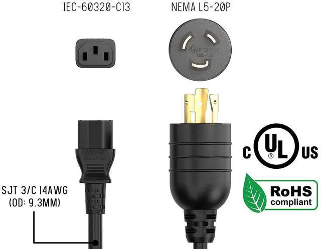 Alt view image 5 of 6 - Cable Leader 10ft NEMA L5-20P to C13 Locking Power Cord, 14 AWG SJT 15A/125V, Black - Twist-Lock Server & PDU Power Cable, UL Listed