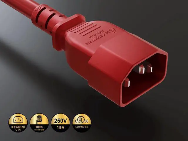 Alt view image 2 of 6 - Cable Leader 5ft IEC C14 to C15 Heavy Duty PDU Power Cord, 14 AWG SJT 15A/250V, Red - Server Rack Jumper Cable for Network Switches & Hot Equipment, IEC Jumper, UL Listed