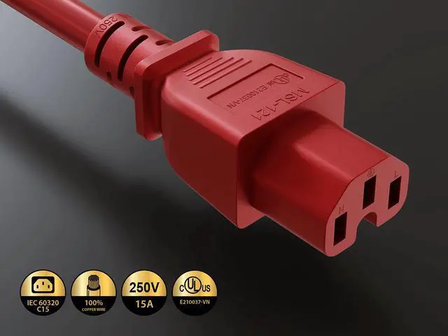 Alt view image 3 of 6 - Cable Leader 5ft IEC C14 to C15 Heavy Duty PDU Power Cord, 14 AWG SJT 15A/250V, Red - Server Rack Jumper Cable for Network Switches & Hot Equipment, IEC Jumper, UL Listed