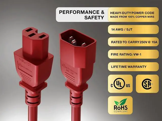 Alt view image 4 of 6 - Cable Leader 5ft IEC C14 to C15 Heavy Duty PDU Power Cord, 14 AWG SJT 15A/250V, Red - Server Rack Jumper Cable for Network Switches & Hot Equipment, IEC Jumper, UL Listed