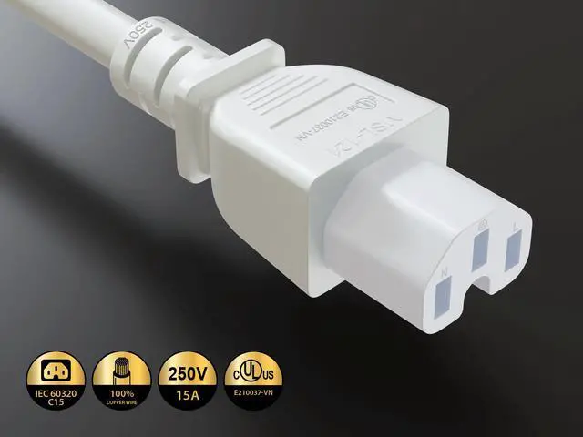 Alt view image 2 of 6 - Cable Leader 5ft IEC C14 to C15 Heavy Duty PDU Power Cord, 14 AWG SJT 15A/250V, White - Server Rack Jumper Cable for Network Switches & Hot Equipment, IEC Jumper, UL Listed
