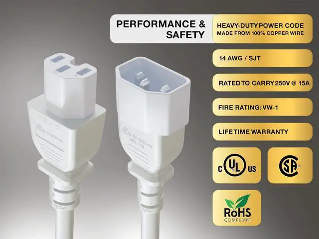 Alt view image 4 of 6 - Cable Leader 5ft IEC C14 to C15 Heavy Duty PDU Power Cord, 14 AWG SJT 15A/250V, White - Server Rack Jumper Cable for Network Switches & Hot Equipment, IEC Jumper, UL Listed