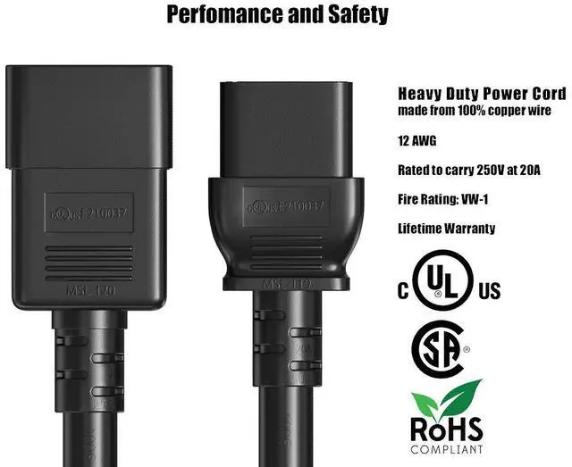 Alt view image 4 of 6 - Cable Leader 4ft IEC C20 to C19 Heavy Duty Power Extension Cord, 12 AWG SJT 20A/250V, Black - Server Rack PDU Jumper Extension Cable, IEC 60320, UL Listed