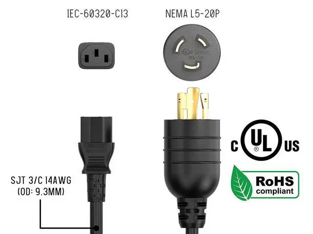 Alt view image 5 of 6 - Cable Leader 12ft NEMA L5-20P to C13 Locking Power Cord, 14 AWG SJT 15A/125V, Black - Twist-Lock Server & PDU Power Cable, UL Listed