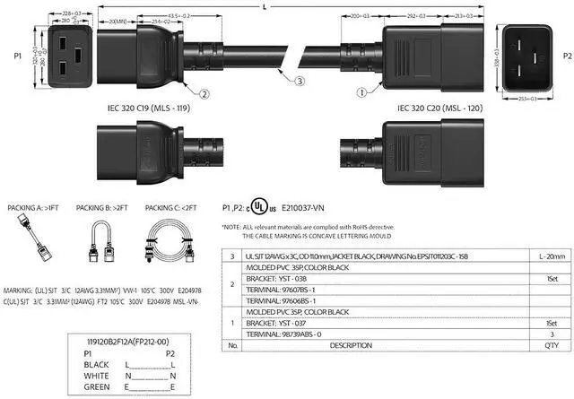 Alt view image 6 of 6 - Cable Leader 4ft IEC C20 to C19 Heavy Duty Power Extension Cord, 12 AWG SJT 20A/250V, Black - Server Rack PDU Jumper Extension Cable, IEC 60320, UL Listed