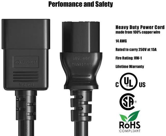 Alt view image 4 of 5 - Cable Leader 8ft IEC C20 to C13 Heavy Duty Power Extension Cord, 14 AWG SJT 15A/250V, Black - Server Rack PDU Jumper Extension Cable, IEC 60320, UL Listed