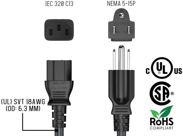 Alt view image 7 of 7 - Cable Leader 7ft NEMA 5-15P to C13 Power Cord, 18 AWG SJT 10A/125V, Black - PC, Monitor & Computer AC Power Cord, UL Listed