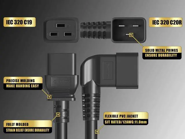 Alt view image 4 of 7 - Cable Leader 10ft IEC C20 to C19 Heavy Duty Power Extension Cord, 12 AWG SJT 20A/250V, Black - Server Rack PDU Jumper Extension Cable, IEC 60320, UL Listed