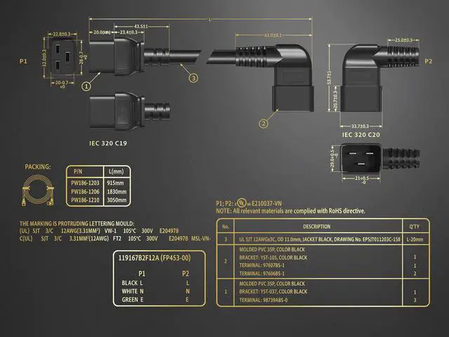 Alt view image 7 of 7 - Cable Leader 10ft IEC C20 to C19 Heavy Duty Power Extension Cord, 12 AWG SJT 20A/250V, Black - Server Rack PDU Jumper Extension Cable, IEC 60320, UL Listed